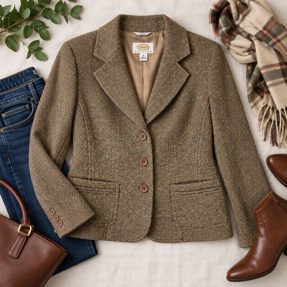 Talbots Petites Women's Size 4 Herringbone Wool Blend Blazer Jacket Brown Tweed
